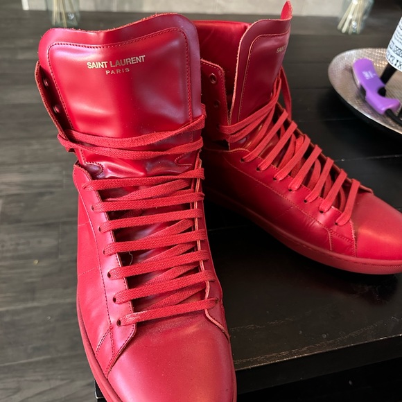 SAINT LAURENT RED Leather HIGH-TOP Sneakers Shoes EU-47 US-13.5-14 - Picture 4 of 6